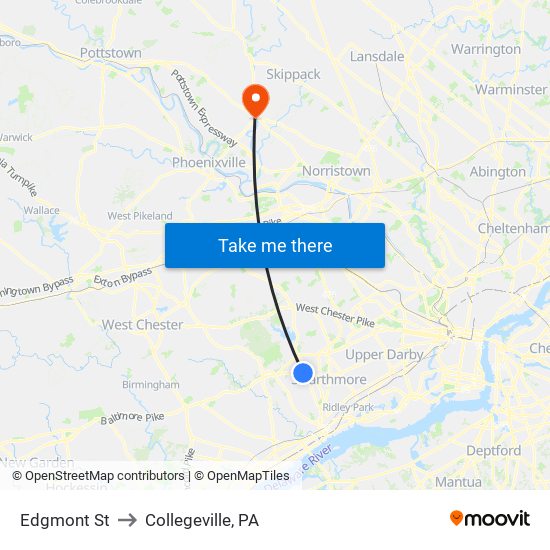 Edgmont St to Collegeville, PA map