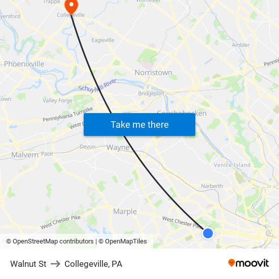 Walnut St to Collegeville, PA map