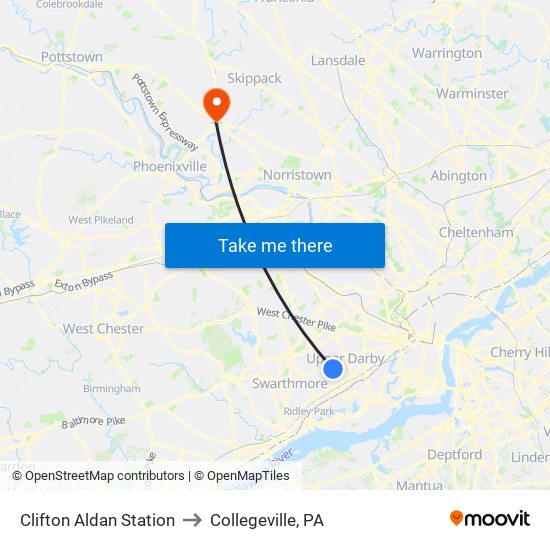 Clifton Aldan Station to Collegeville, PA map