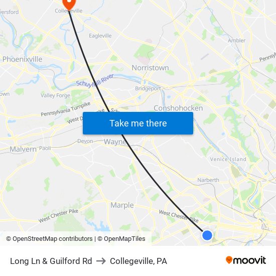 Long Ln & Guilford Rd to Collegeville, PA map