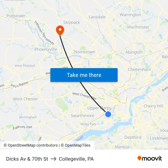 Dicks Av & 70th St to Collegeville, PA map