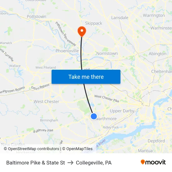 Baltimore Pike & State St to Collegeville, PA map