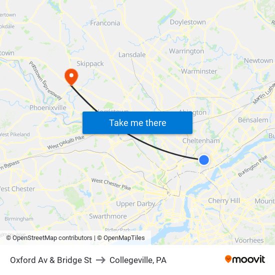 Oxford Av & Bridge St to Collegeville, PA map