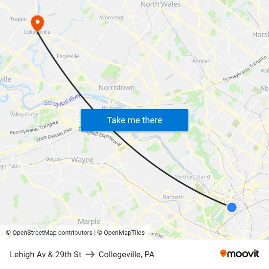 Lehigh Av & 29th St to Collegeville, PA map