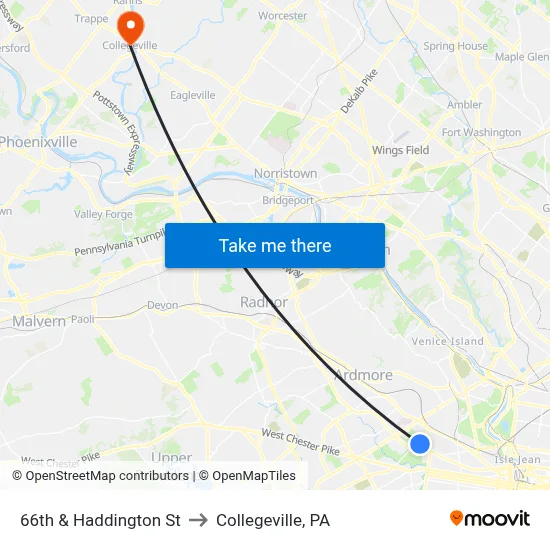 66th & Haddington St to Collegeville, PA map