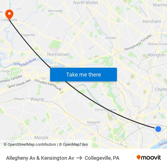 Allegheny Av & Kensington Av to Collegeville, PA map