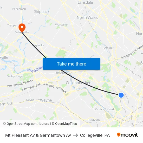 Mt Pleasant Av & Germantown Av to Collegeville, PA map