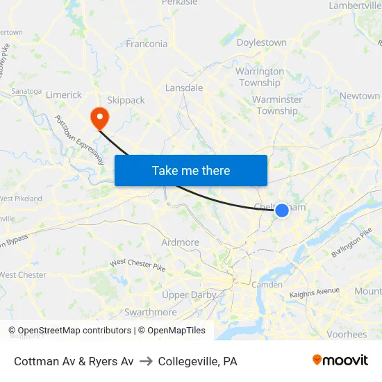 Cottman Av & Ryers Av to Collegeville, PA map
