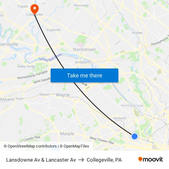 Lansdowne Av & Lancaster Av to Collegeville, PA map