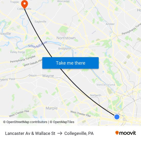 Lancaster Av & Wallace St to Collegeville, PA map