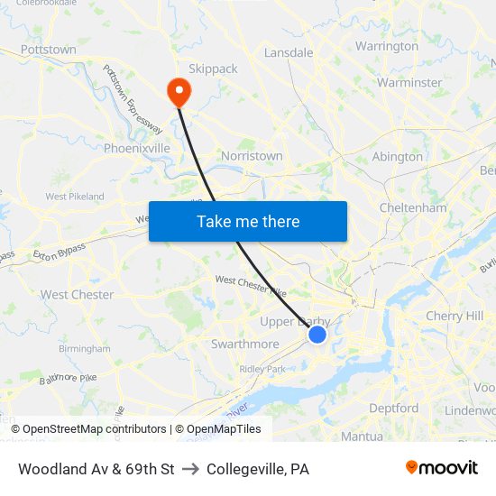 Woodland Av & 69th St to Collegeville, PA map