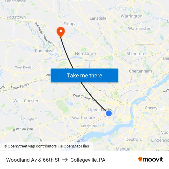 Woodland Av & 66th St to Collegeville, PA map