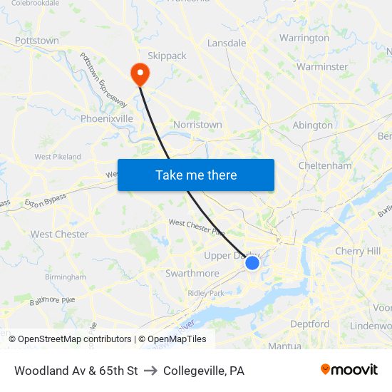 Woodland Av & 65th St to Collegeville, PA map