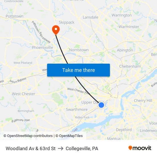 Woodland Av & 63rd St to Collegeville, PA map