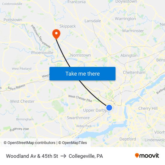 Woodland Av & 45th St to Collegeville, PA map