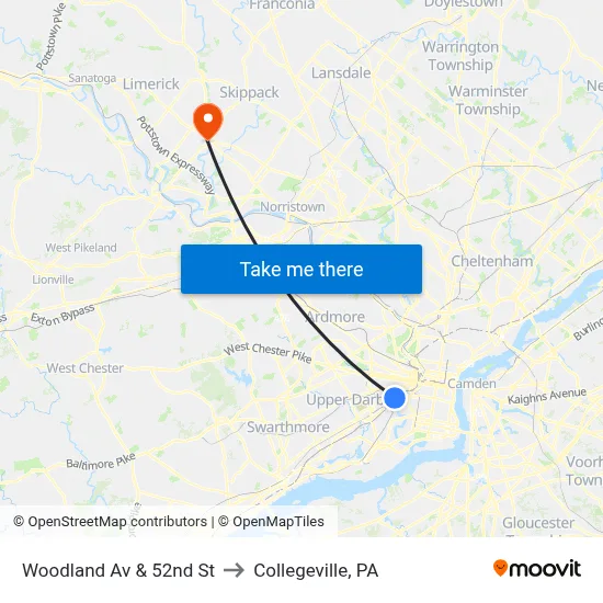 Woodland Av & 52nd St to Collegeville, PA map