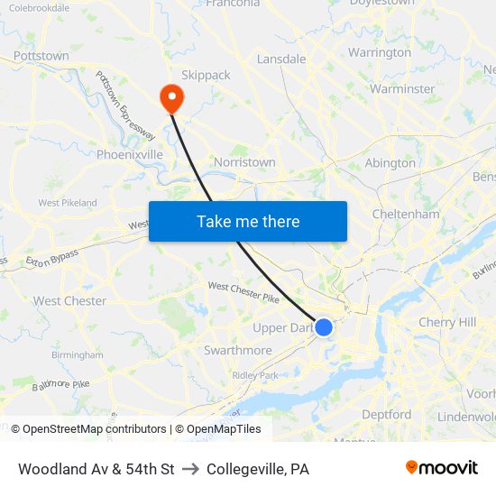 Woodland Av & 54th St to Collegeville, PA map