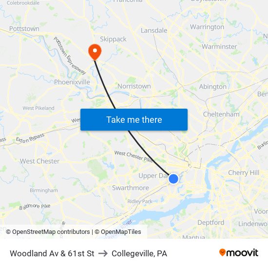 Woodland Av & 61st St to Collegeville, PA map