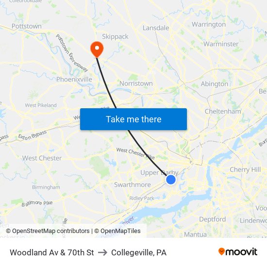 Woodland Av & 70th St to Collegeville, PA map