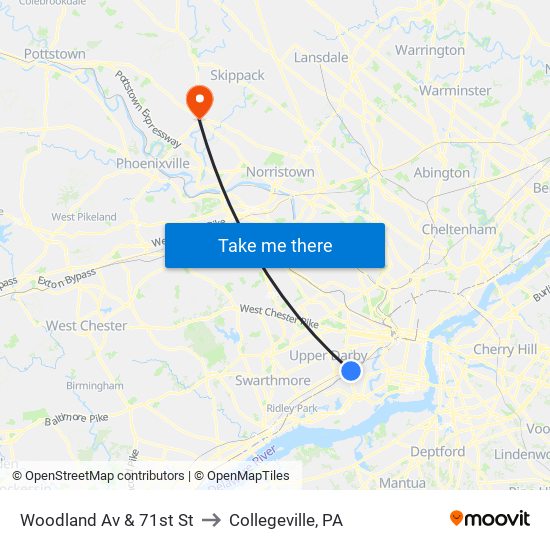 Woodland Av & 71st St to Collegeville, PA map