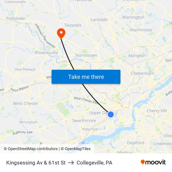 Kingsessing Av & 61st St to Collegeville, PA map