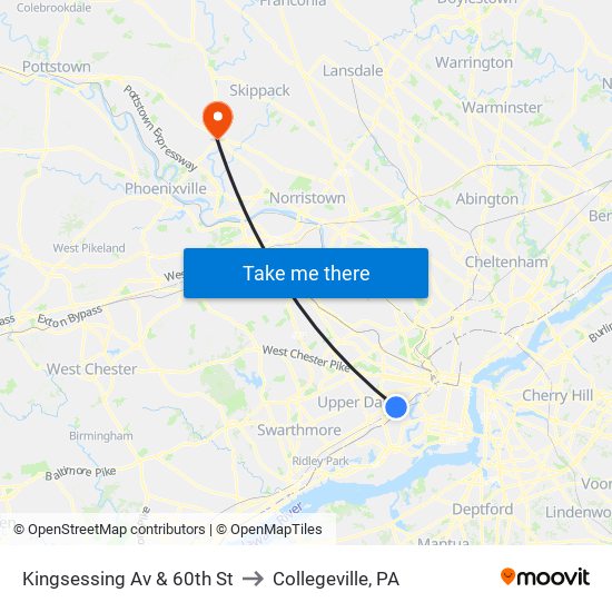 Kingsessing Av & 60th St to Collegeville, PA map