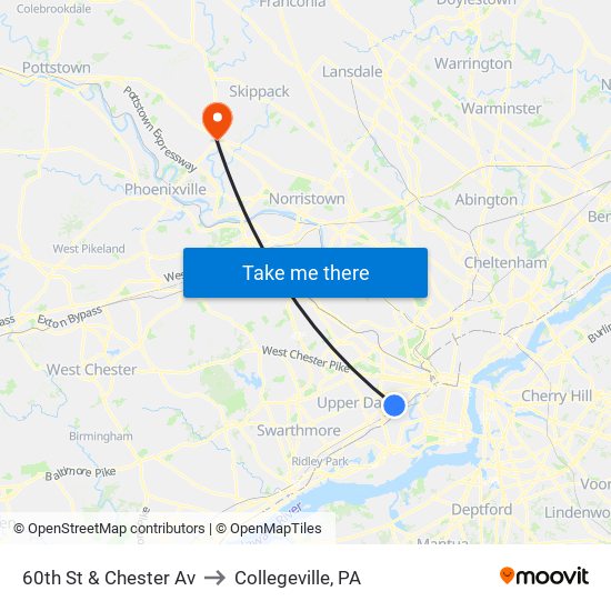 60th St & Chester Av to Collegeville, PA map