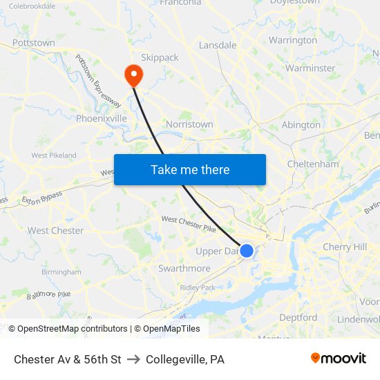 Chester Av & 56th St to Collegeville, PA map