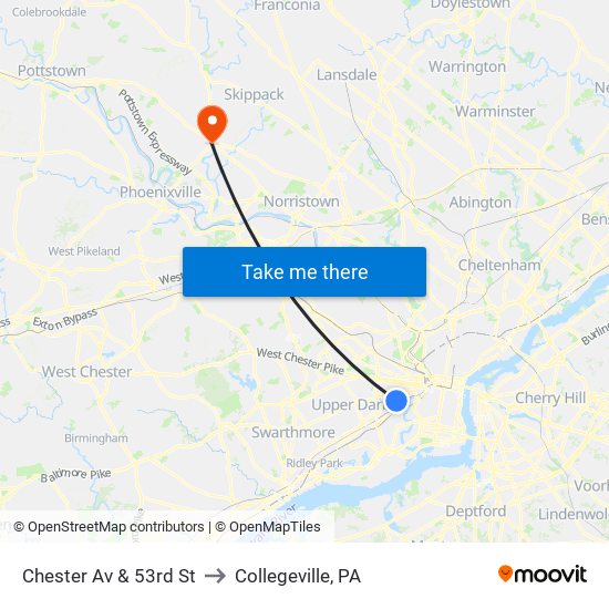 Chester Av & 53rd St to Collegeville, PA map