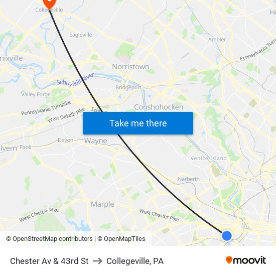 Chester Av & 43rd St to Collegeville, PA map