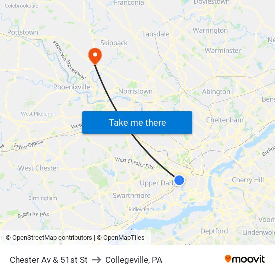 Chester Av & 51st St to Collegeville, PA map