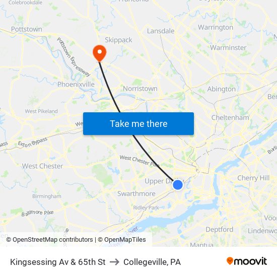 Kingsessing Av & 65th St to Collegeville, PA map