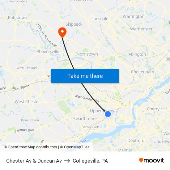 Chester Av & Duncan Av to Collegeville, PA map