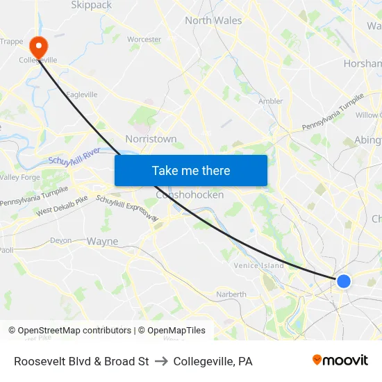 Roosevelt Blvd & Broad St to Collegeville, PA map