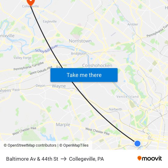 Baltimore Av & 44th St to Collegeville, PA map