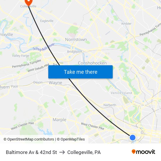 Baltimore Av & 42nd St to Collegeville, PA map