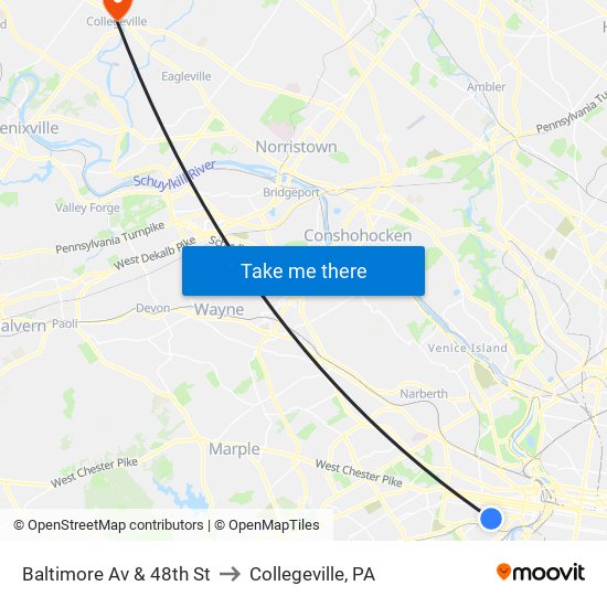 Baltimore Av & 48th St to Collegeville, PA map