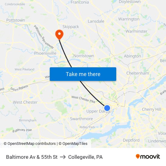 Baltimore Av & 55th St to Collegeville, PA map