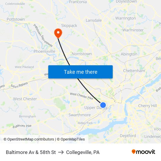 Baltimore Av & 58th St to Collegeville, PA map