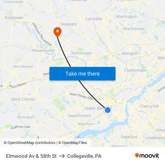 Elmwood Av & 58th St to Collegeville, PA map