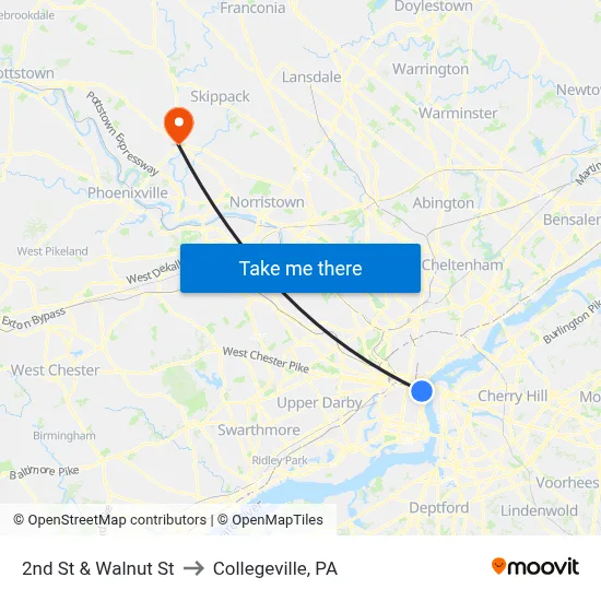 2nd St & Walnut St to Collegeville, PA map