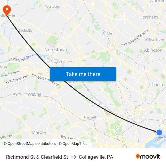 Richmond St & Clearfield St to Collegeville, PA map