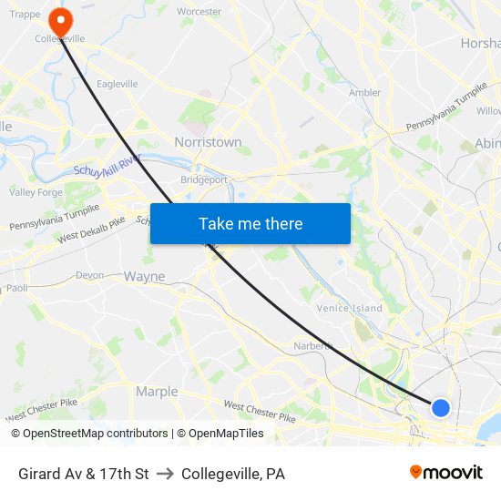 Girard Av & 17th St to Collegeville, PA map