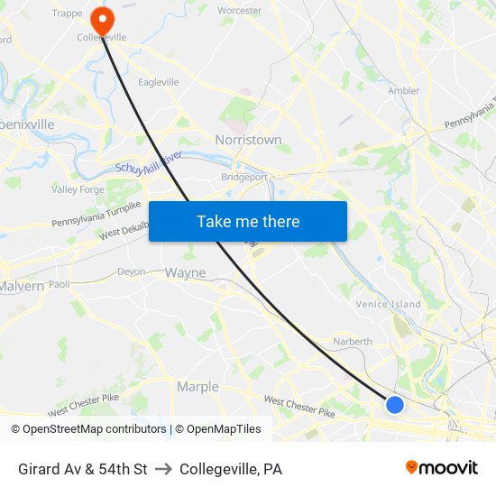 Girard Av & 54th St to Collegeville, PA map