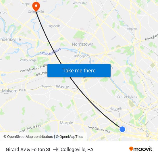 Girard Av & Felton St to Collegeville, PA map