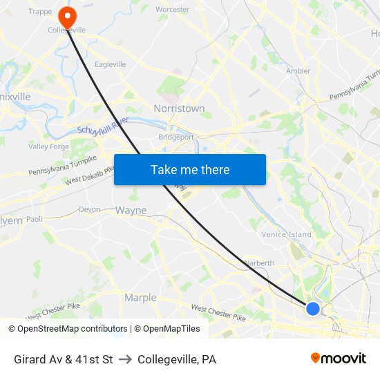 Girard Av & 41st St to Collegeville, PA map