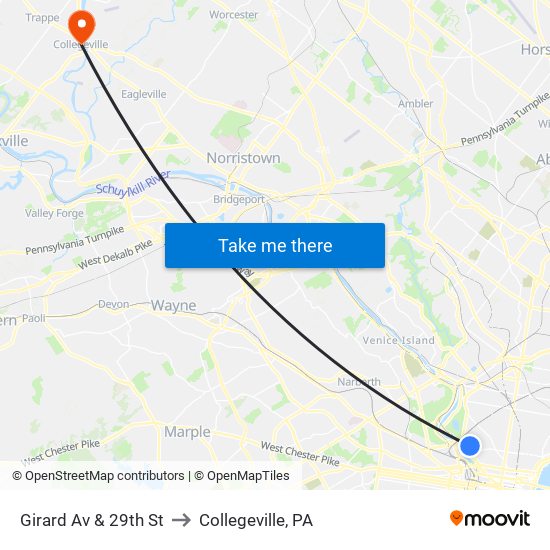 Girard Av & 29th St to Collegeville, PA map