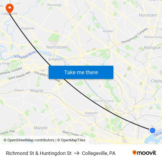 Richmond St & Huntingdon St to Collegeville, PA map