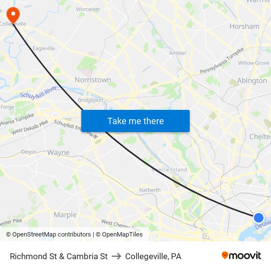 Richmond St & Cambria St to Collegeville, PA map