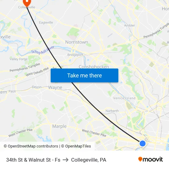 34th St & Walnut St - Fs to Collegeville, PA map